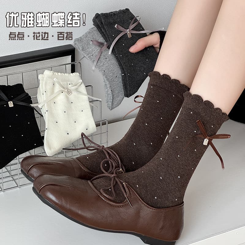 Women's Spring/Summer Korean Ins Bow Ballet Mid-Calf Socks with Lace Trim, Breathable Cotton Socks
