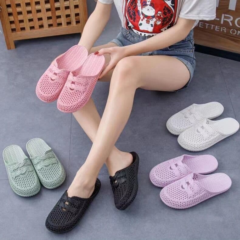 Summer Sandals for Women, Closed-Toe, Lace-Up, Outdoor Wear, Perforated Beach Shoes, Clogs, Sweet Flat Slippers, Nurse Shoes