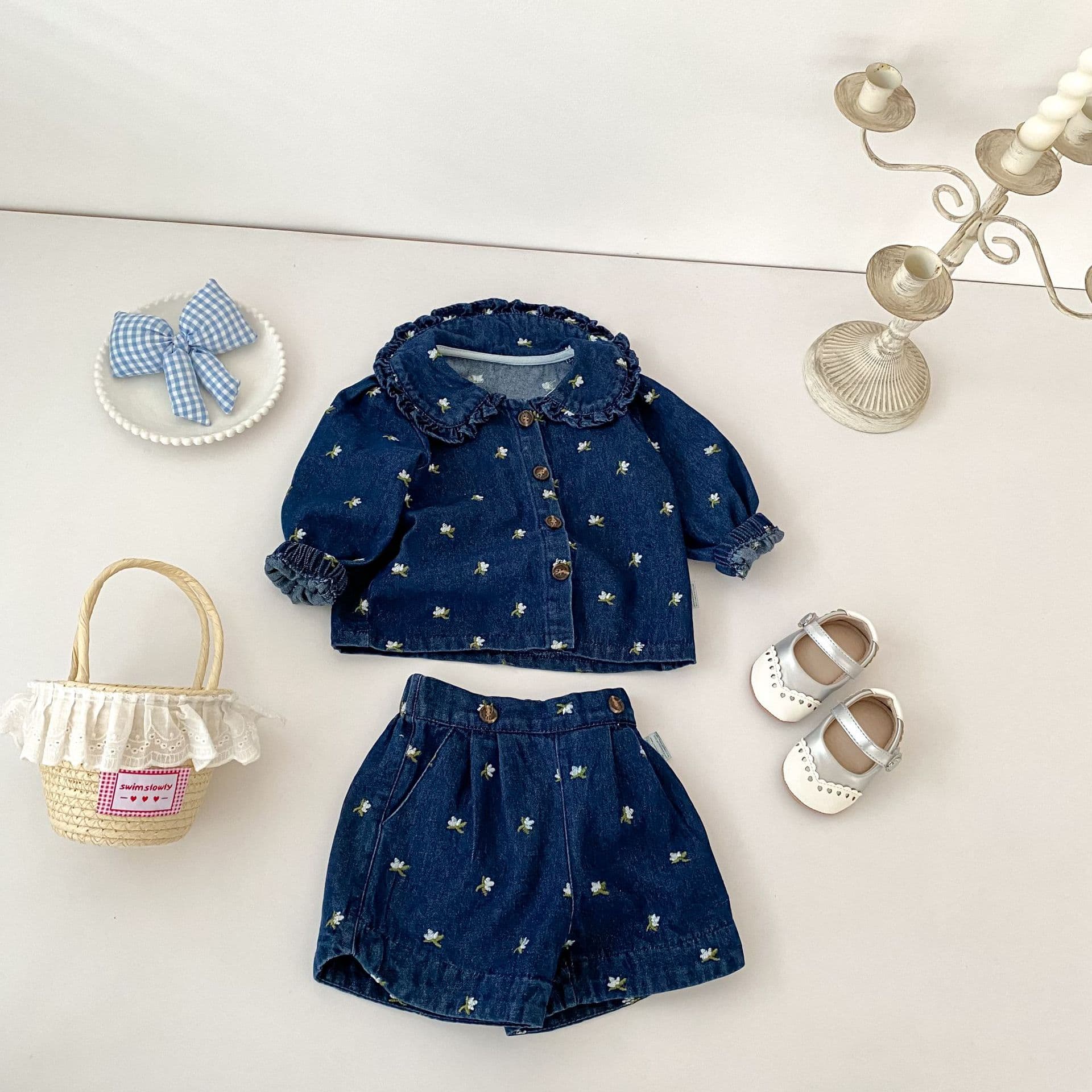 Girls fashion denim suit spring and autumn new baby girl long-sleeved embroidered doll collar denim cardigan + shorts