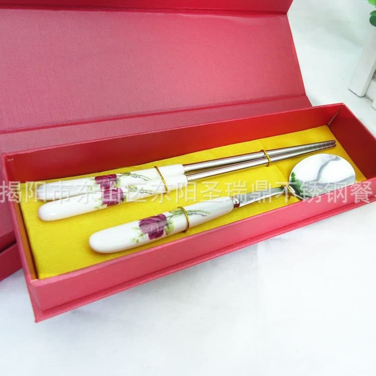 Bone China Stainless Steel Spoons and Chopsticks 2-piece Set Ceramic Handled Tableware Gifts Wedding Return Gifts Support Printing LOGO