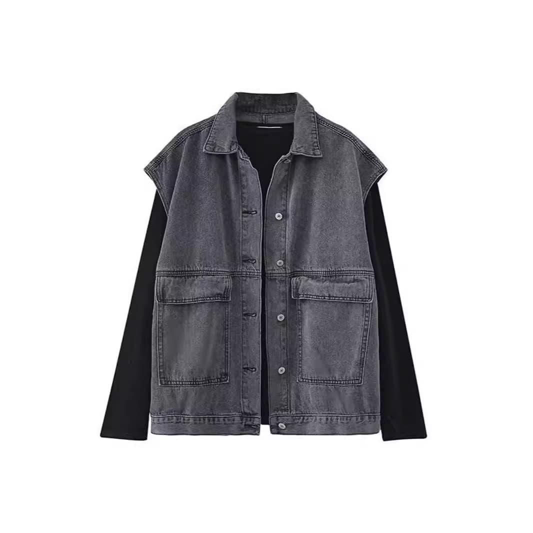 2026 Spring/Autumn New Loose Long-Sleeve Base Layer Korean Style Workwear Denim Vest Jacket for Women Vintage Versatile