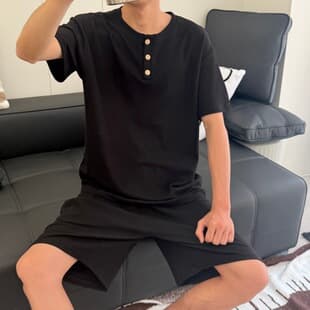 Men's Pajamas Summer Solid Color Short Sleeve Shorts Homewear Men's Simple Loose Fit Set