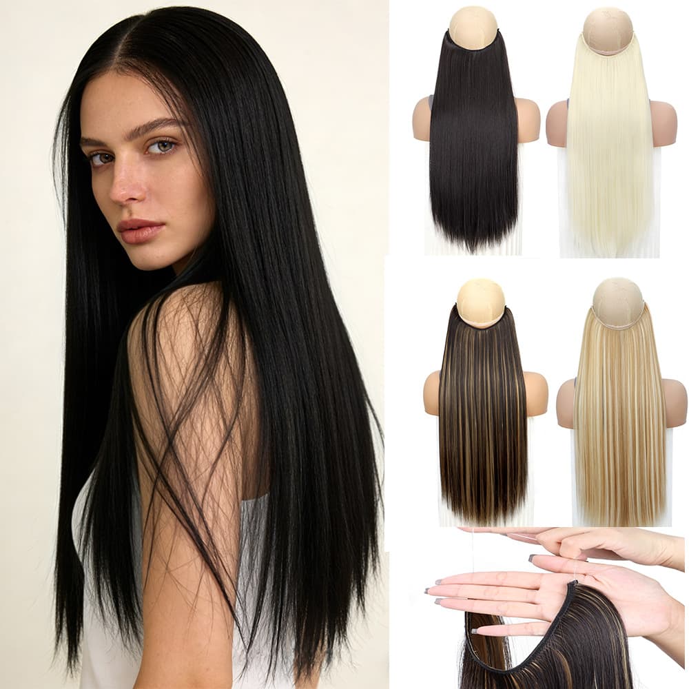 Cross-border wig for women, one-piece, freely adjustable, invisible long straight hair, multi-color gradient fish line hair extensions hair