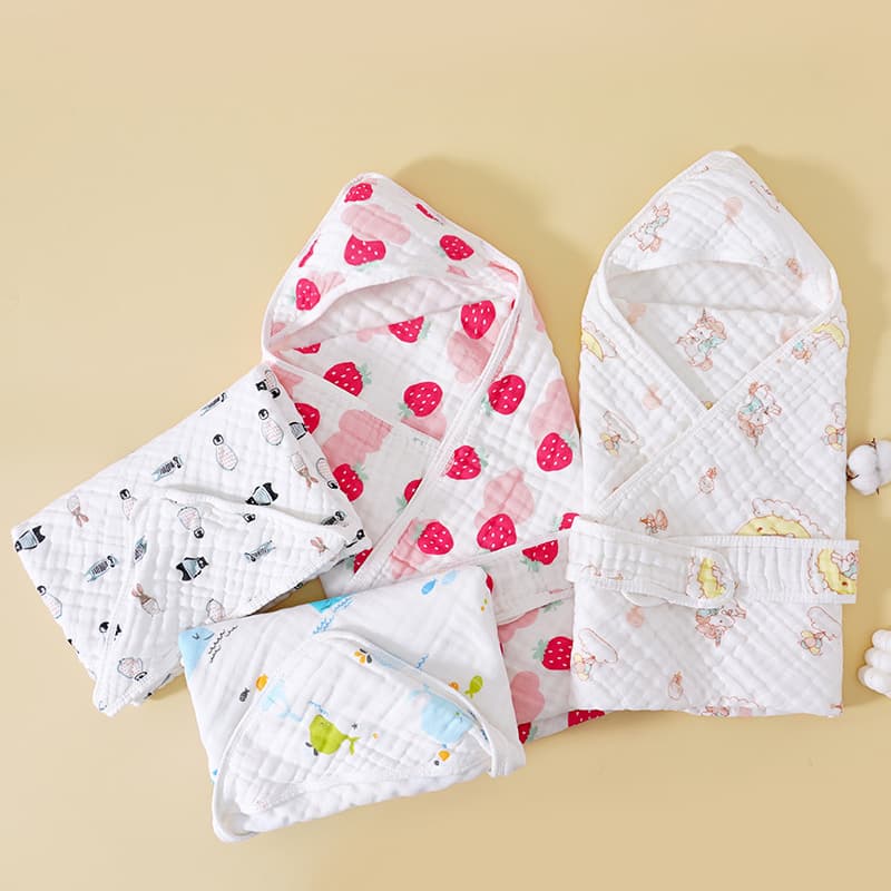 Newborn Swaddle Blanket Six-Layer Gauze with Hood and Ties Windproof Wrap 90*90 Seersucker Baby Blanket
