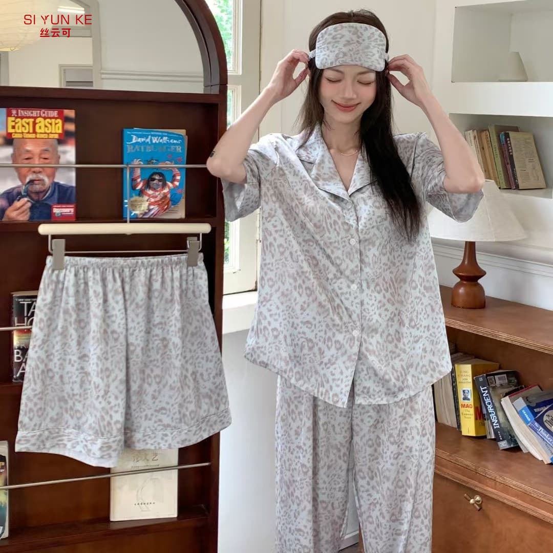 Spring/Autumn Leopard Print Satin Premium Sleepwear Women's Ice Silk Texture Homewear Set Light Luxury Long Sleeve Long Pants Wearable Outside