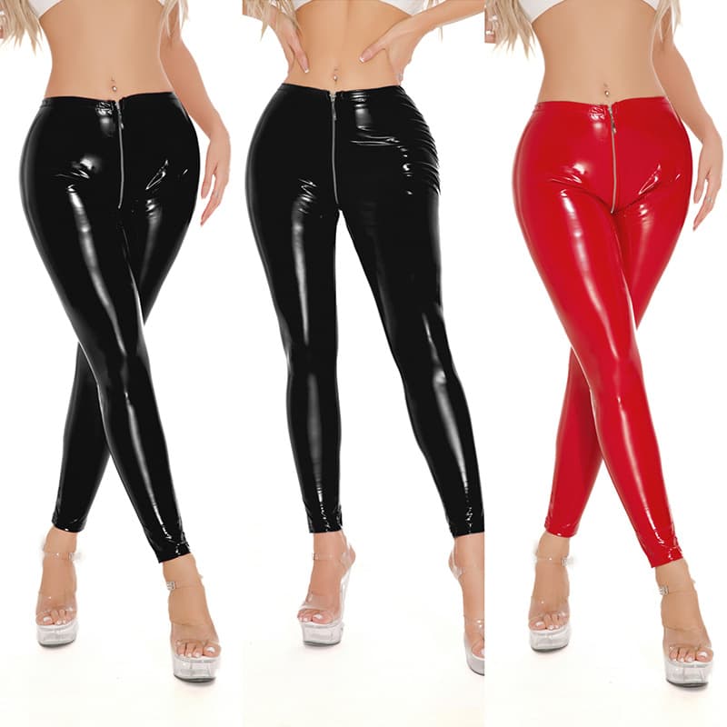 Sexy street girl patent leather tights zippered crotchless pants nightclub stage pole dance European and American costumes