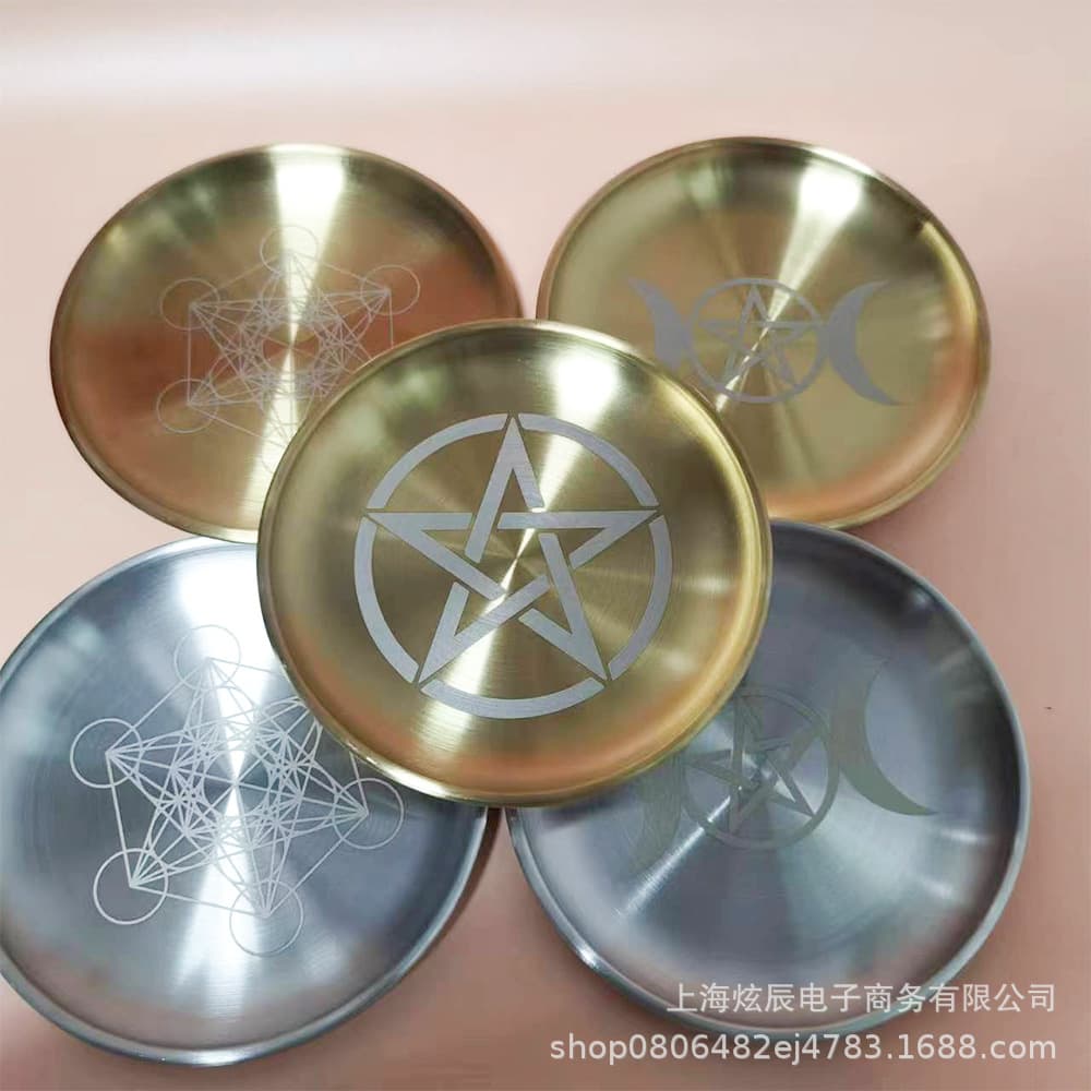 Cross-Border Metal Carved Plate Candlestick Decoration Pentagram Three-Phase Moon Maidaxu Pattern Crystal Storage Plate