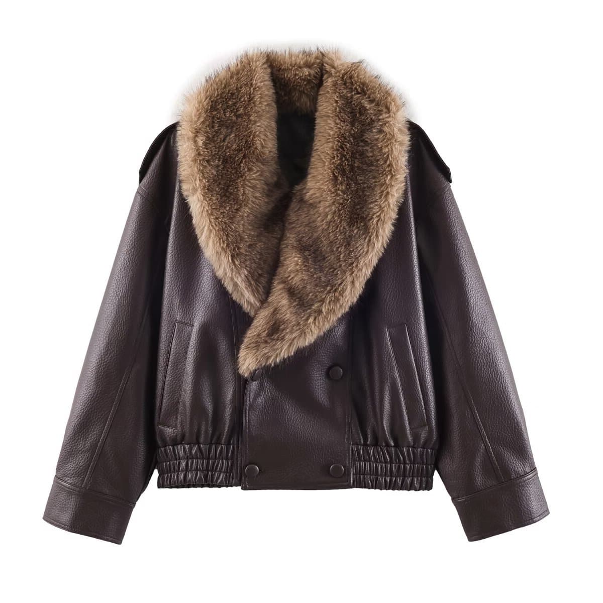 TAOP&ZA new autumn and winter women's elegant and fashionable loose fur collar leather jacket 4341853