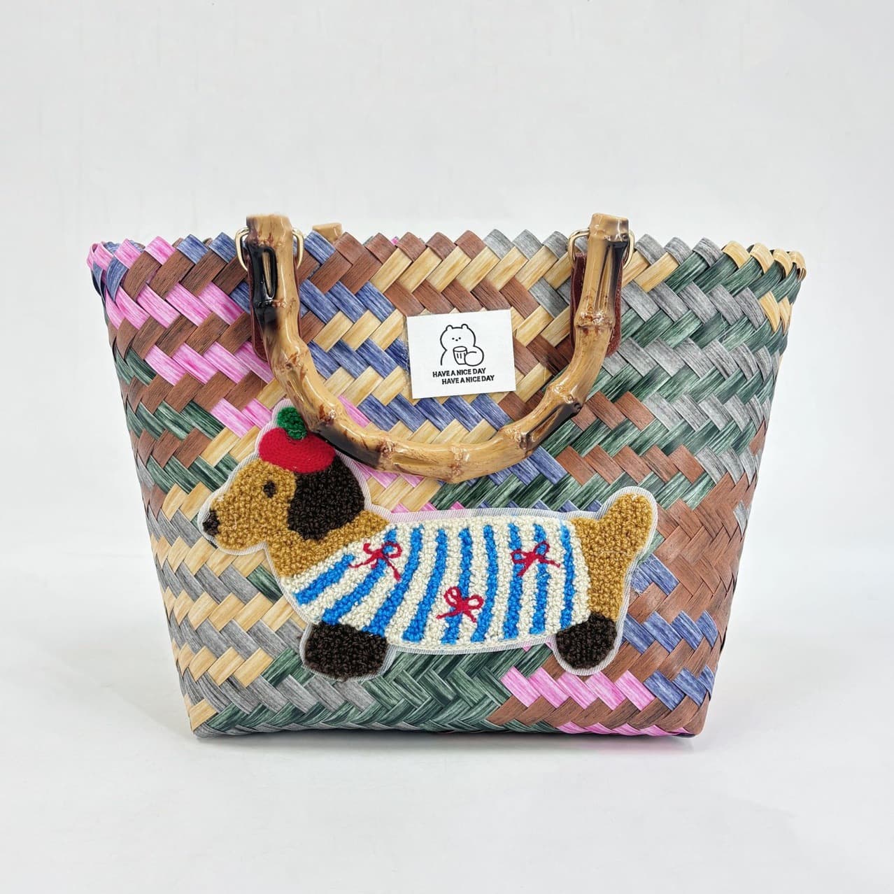Summer Hot Sale Woven Bag Handbag Commuter Tote Striped Straw Bag Retro Dachshund Woven Basket