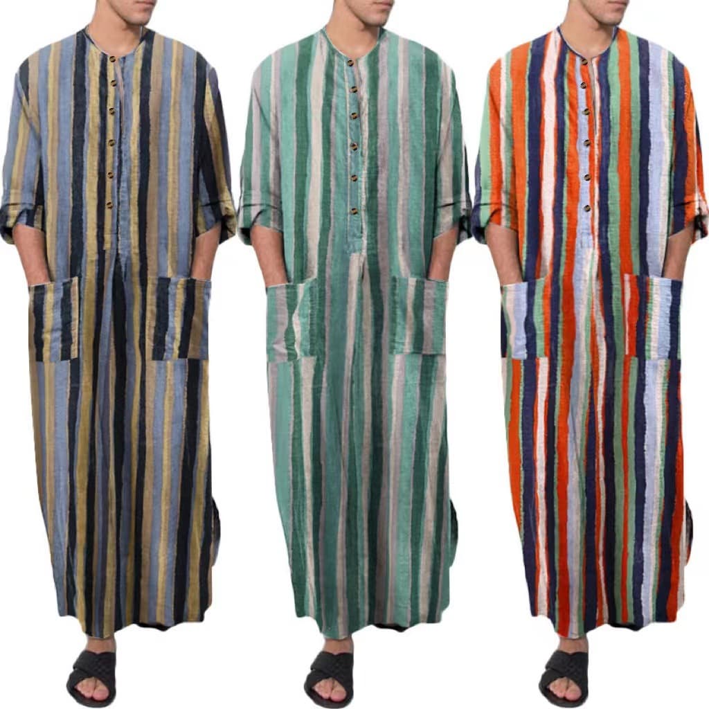 Southeast Asian style, loose-fitting stand-up collar, gradient striped long-sleeved robe, Middle Eastern Muslim robe, men's ethnic style.