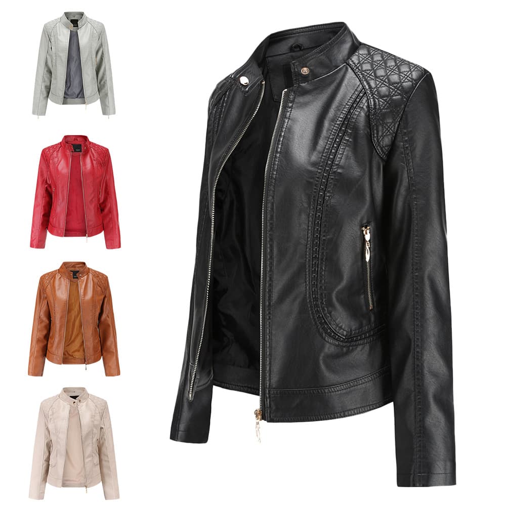 New 2020 Spring/Autumn Women's PU Leather Jacket, Elegant European-American Style Plus Size Stand Collar Women's Faux Leather Coat