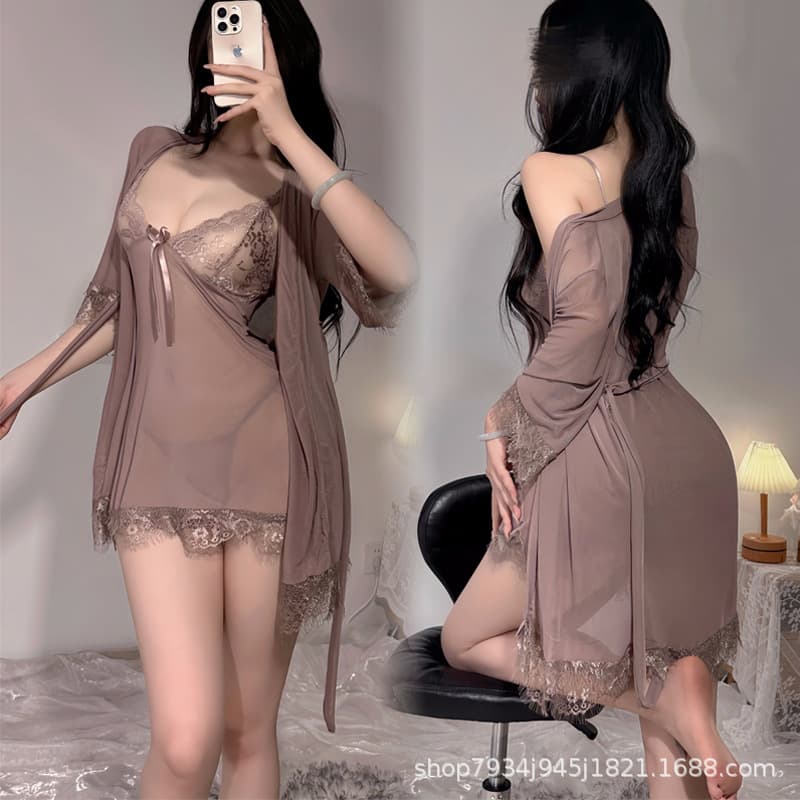 Seductive Lingerie Sexy Lace Small Chest Temptation Camisole Nightgown Tie Belt Robe Homewear European and American Pajamas Hot Summer