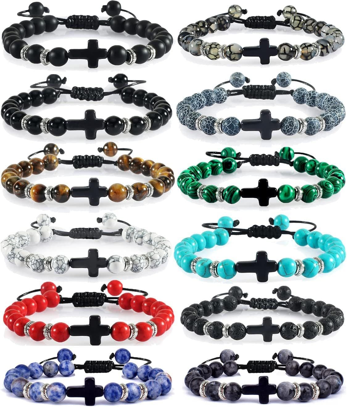 Svovin 12 Pcs Cross Beads Bracelet for Men Women 8mm Healing