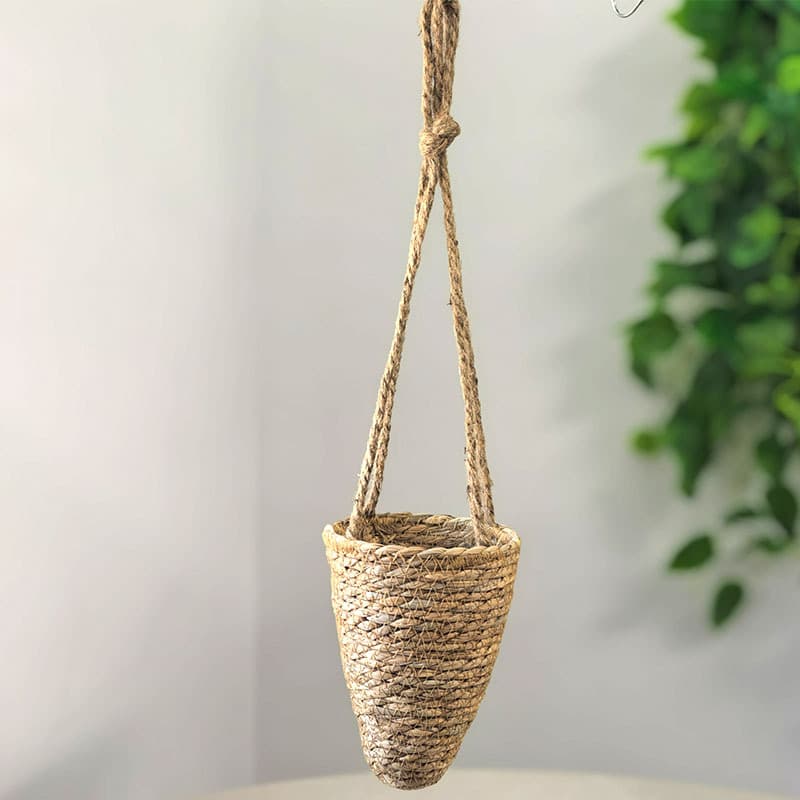 Straw Woven Hanging Cone-shaped Pothos Basket, Handwoven Rush Green Plant Hanger, Balcony Suspension Decor