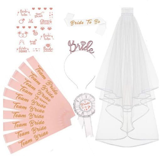 DIY Bachelorette Party Bride Wedding Rose Gold Glitter Veil Set Bride to Be Sash