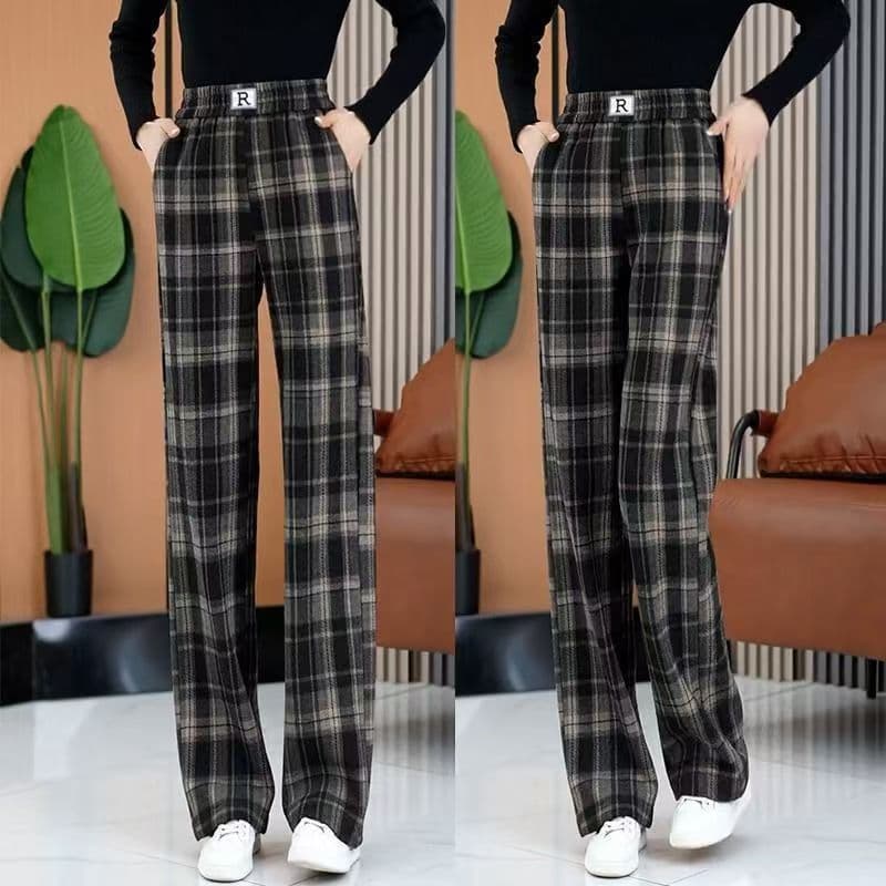 Spring/Autumn New Korean Retro Check Wide-Leg Pants Women High-Waist Drape Slimming Casual Fashion Straight-Leg Pants