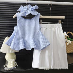 Girls Set Summer 2026 New Fashionable Baby Girl Sleeveless Gingham Vest Top with Wide Leg Pants Two-Piece