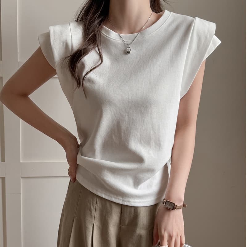 Round Neck Double-Shoulder Slimming High-End Regular Shoulder Short-Sleeve T-Shirt Women Casual Versatile Loose Sleeveless Top Accentuates Shoulder Width T-Shirt