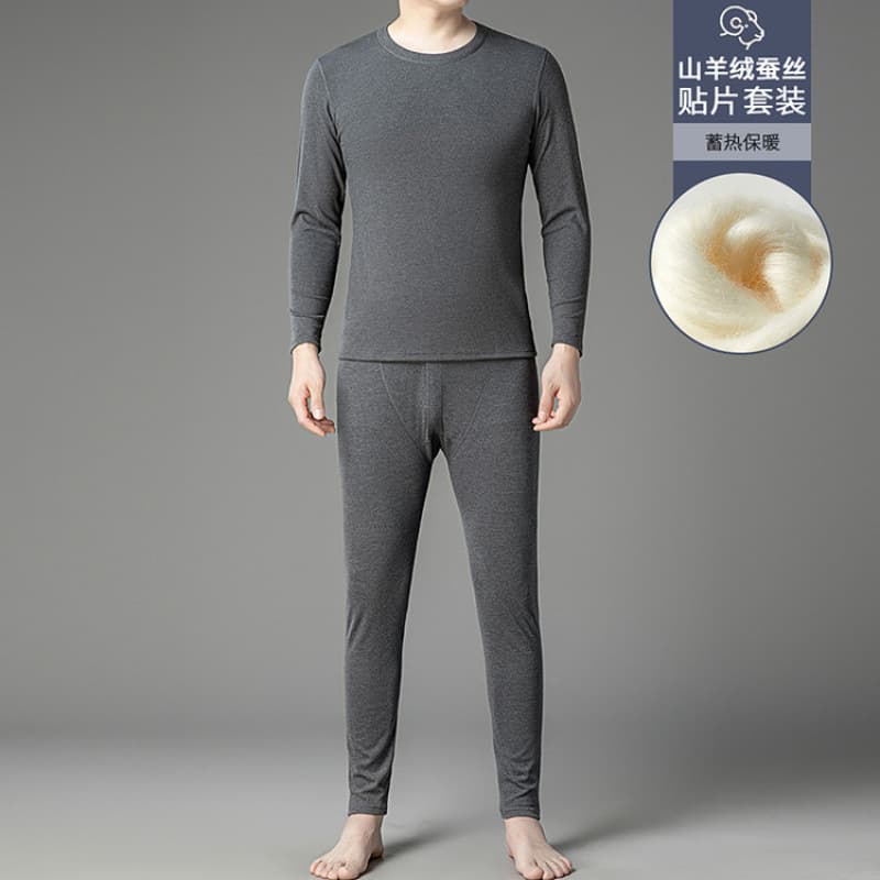 Cashmere and Mulberry Silk Patch Round Neck Autumn Underwear Base Layer Thermal Set Men's Two-Piece Suit