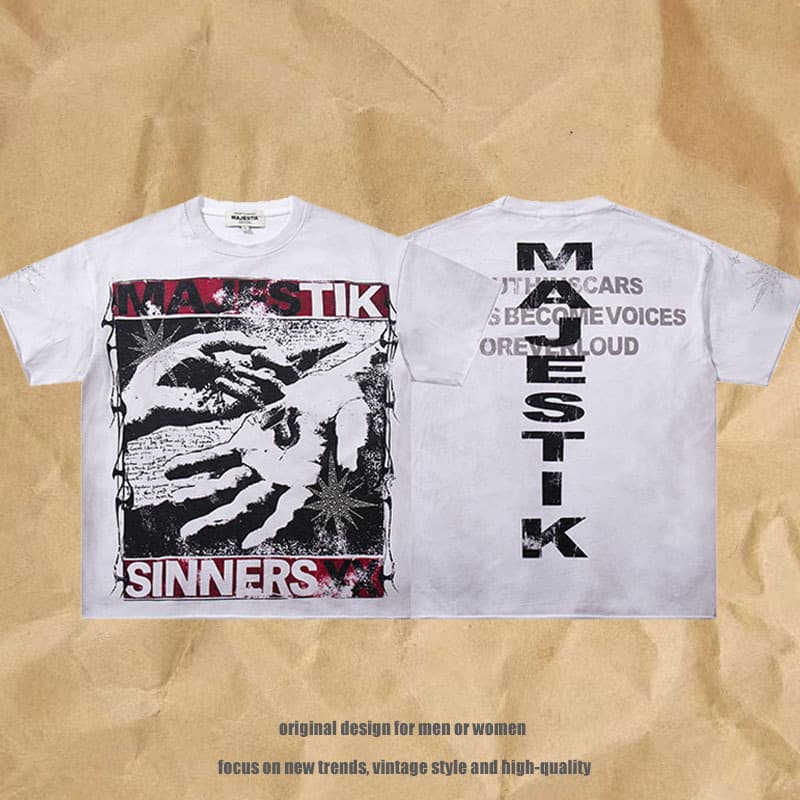 Summer New Trendy Men's American Retro Punk Rock Washed Distressed Print Loose Short Sleeve T-Shirt
