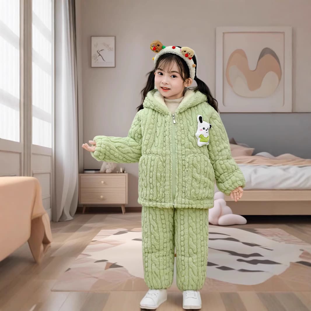 Kids Winter Three-Layer Fleece-Lined Thick Pajamas for Girls and Boys Coral Fleece Cartoon Warm Cute Homewear Set