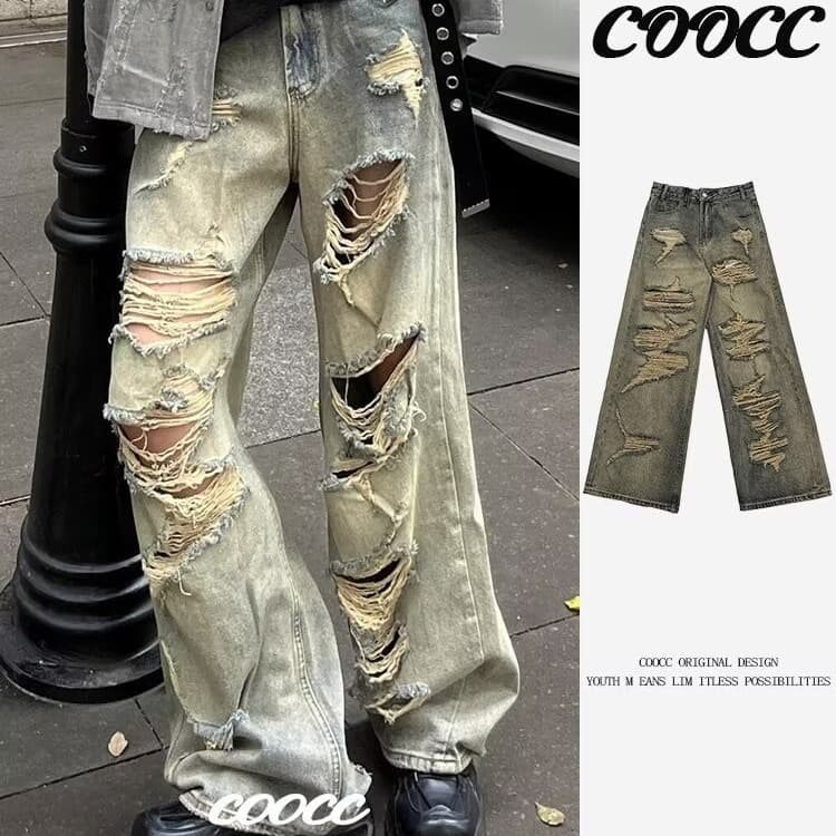 Youth Ripped Jeans for Men, High-End Cool Cleanfit Wasteland Style Pants, American High-Street Flared Pants