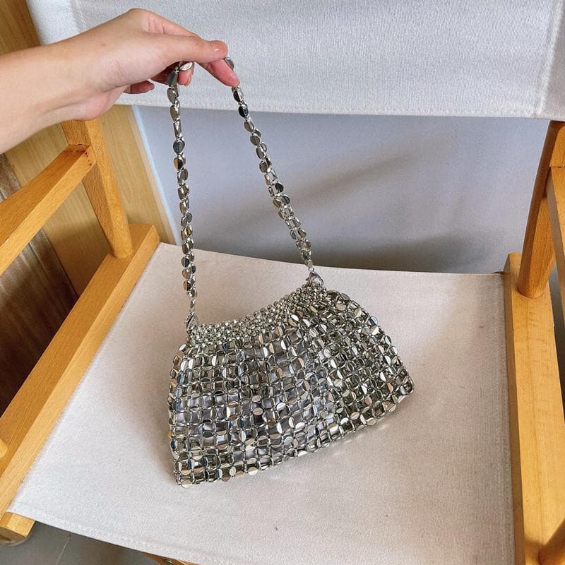 Retro bling sparkling hand-woven beaded genuine bag metallic sequin bag shoulder armpit bag crossbody bag