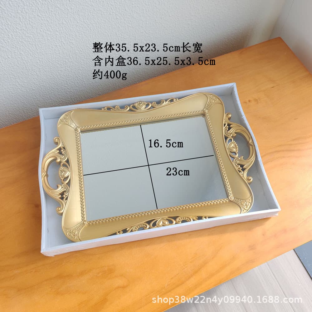 European Vintage Gold Embossed Square Round Mirror Glass Tray Wedding Decoration Dessert Table Display Storage