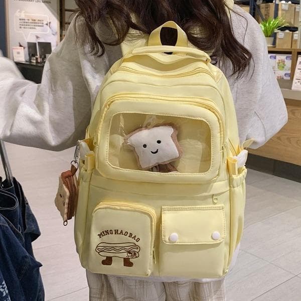 Anime Style Backpack for Middle School Girls, Yellow with Paint Layer, Transparent Compartment Backpack for Elementary Students