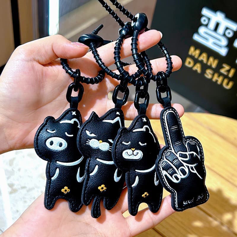 Cool Black Series Lazy Cat Leather Keychain Cute Couple Bag Charm Unique Gift
