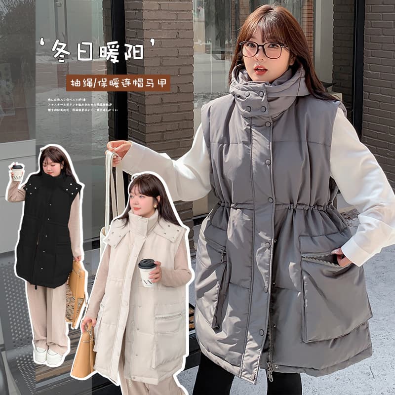 MJ002 Xuanchen Plus-Size Curvy MM Women's Clothing Winter Casual Lazy Style Thick Warm Hooded Vest Jacket