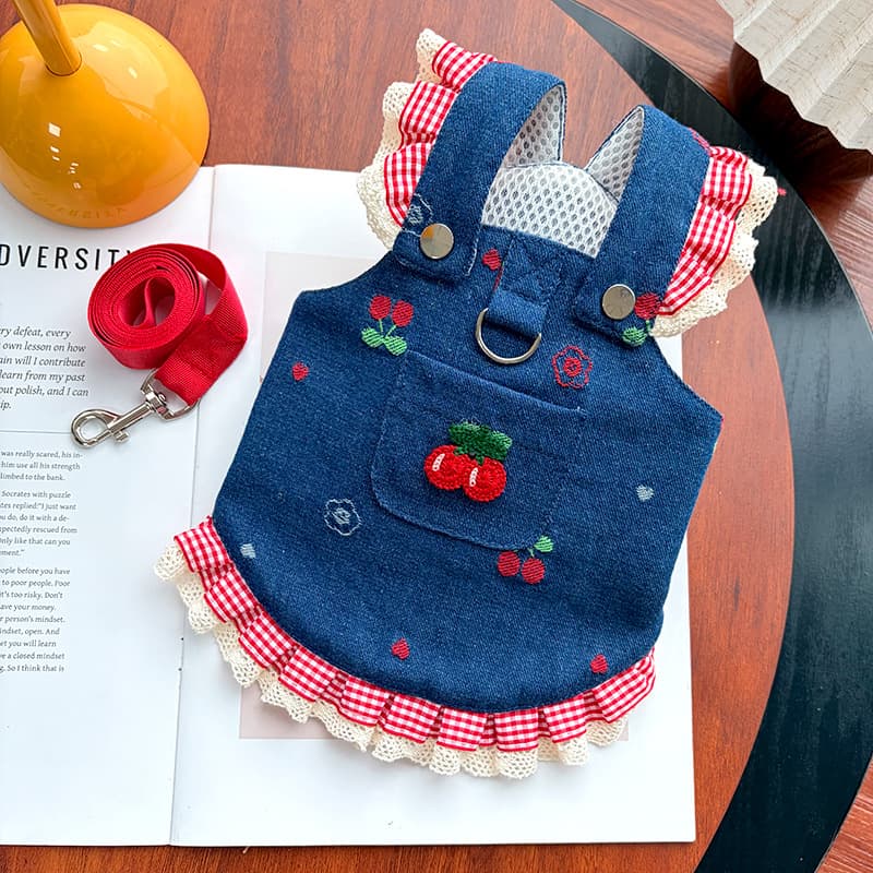 Spring and Summer Denim Cherry Suspenders Dress Dog Skirt Pet Dog Cat Clothing Supplies Teddy Bichon Frise Pomeranian Outing