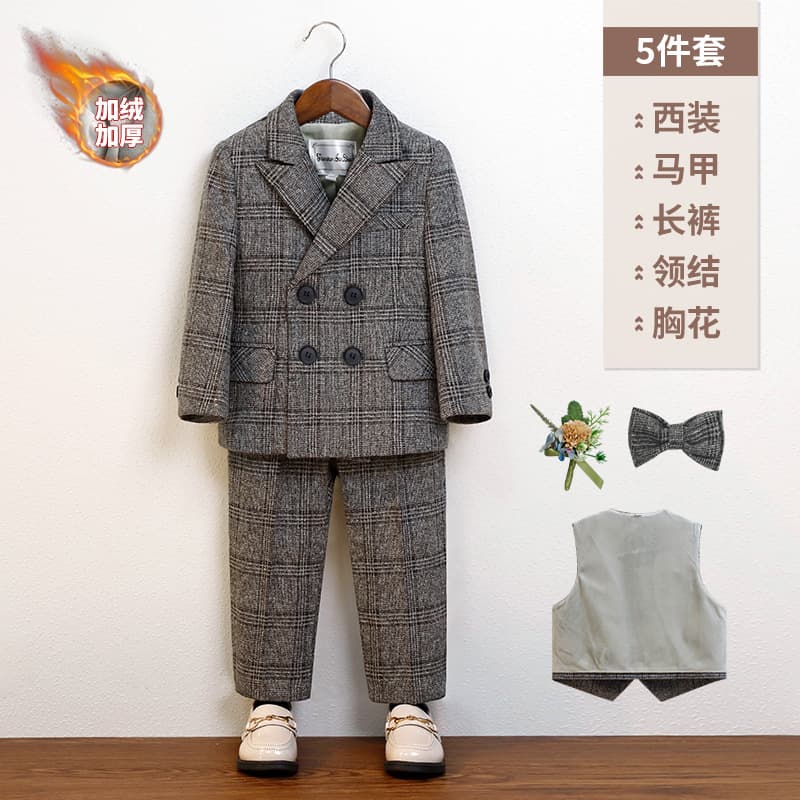 Kids Autumn Winter British Plaid Suit Vest Set for Boys Birthday Flower Boy Ceremony Host Performance Outfit