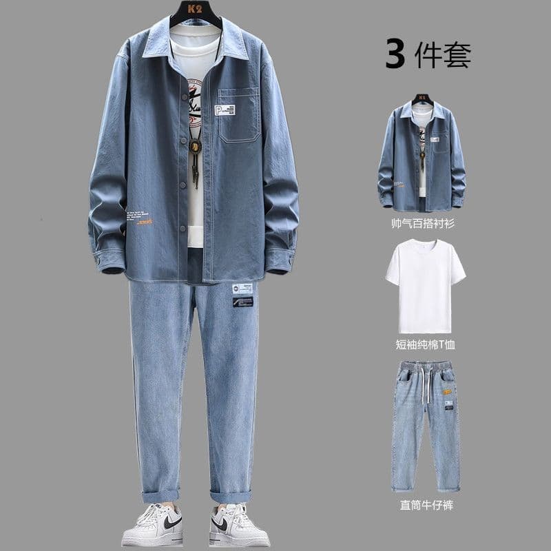 New Shirt Casual Set Men Long Sleeve Solid Color Versatile Trendy Spring/Autumn Hong Kong Style Full Set Matching Handsome Shirt