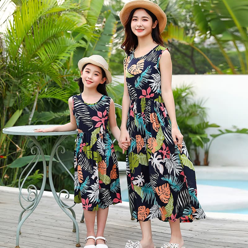 Mother-Daughter Cotton Silk Dress Set, Girls' Nightgown, Toddler Cotton Silk Vest Dress, Women's Summer Beach Dress