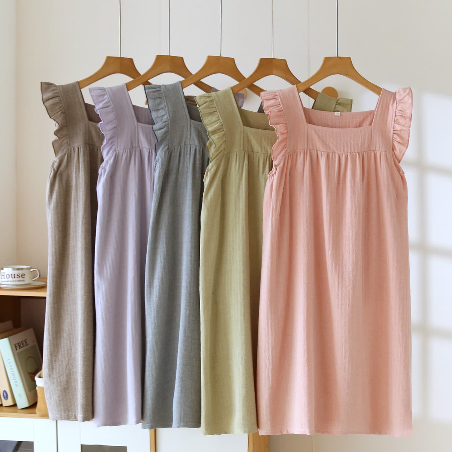Pure Cotton Gauze Camisole Nightgown for Women, Summer Square Neck Sleeveless Midi Dress Loungewear, Simple Style Sleep Dress