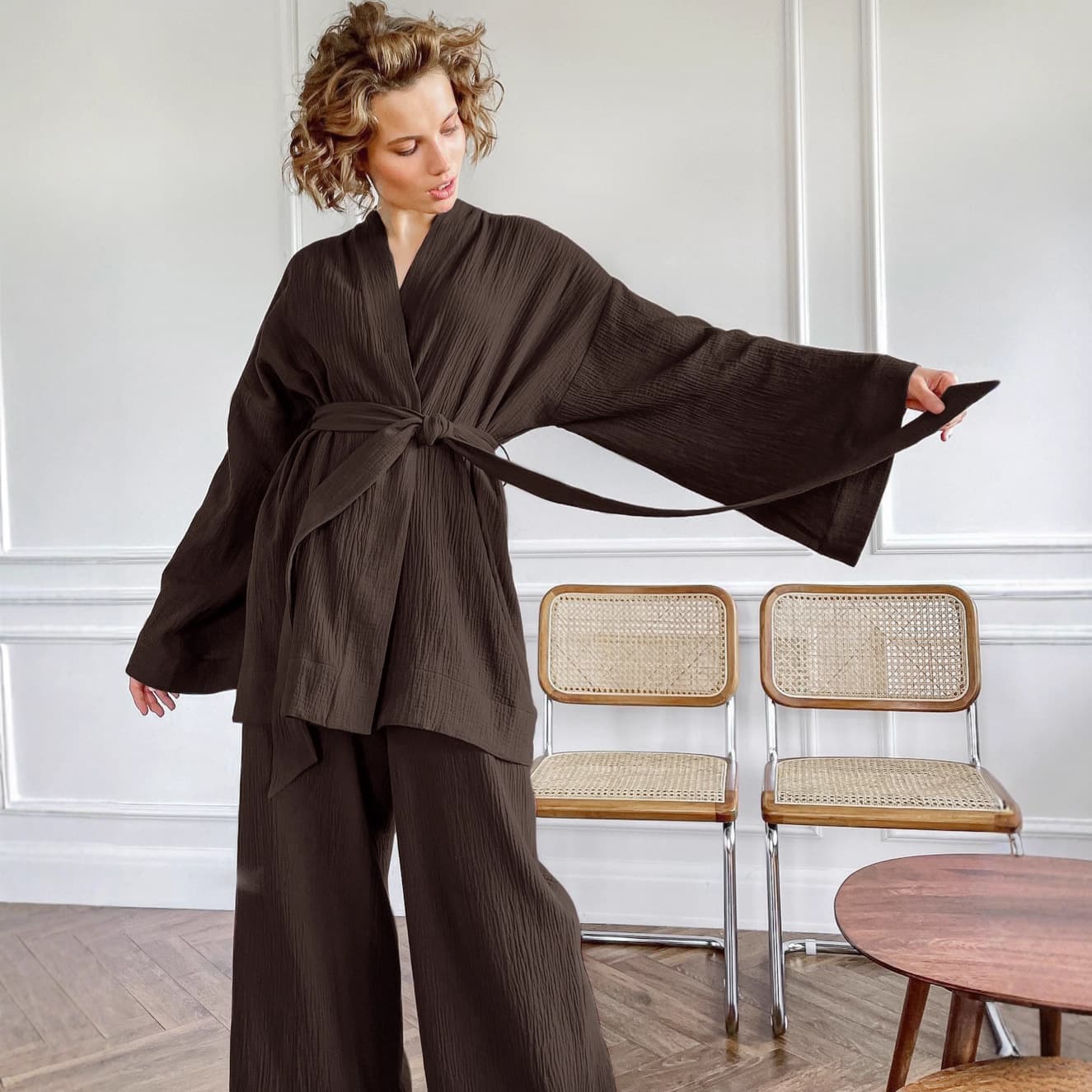 Loose Pure Cotton Crepe Long Sleeve Robe and Pajama Pants Two-Piece Set 2026 European and American Autumn New Homewear for Women
