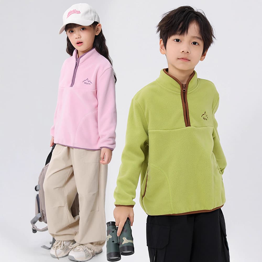 Children's Stand Collar Fleece Sweatshirt Winter Contrast Color Boys and Girls Double-Sided Fleece Warm Zipper Top Pullover Coat
