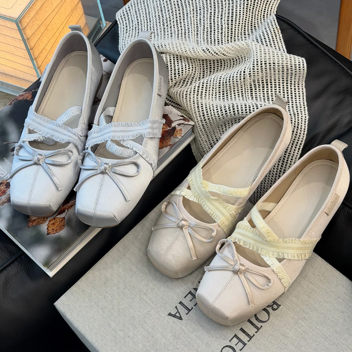 Square Toe Bow Tie Satin Ballet Flats for Women 2026 New Shallow Mouth Korean Style Mary Jane Flat Shoes Casual