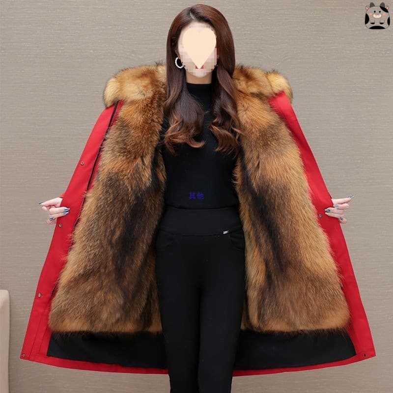 Haining Parka for Women Detachable Imitation Fox Fur Liner Leather and Fur One-Piece Fleece-Lined Thickened Windbreaker Long Style Leather