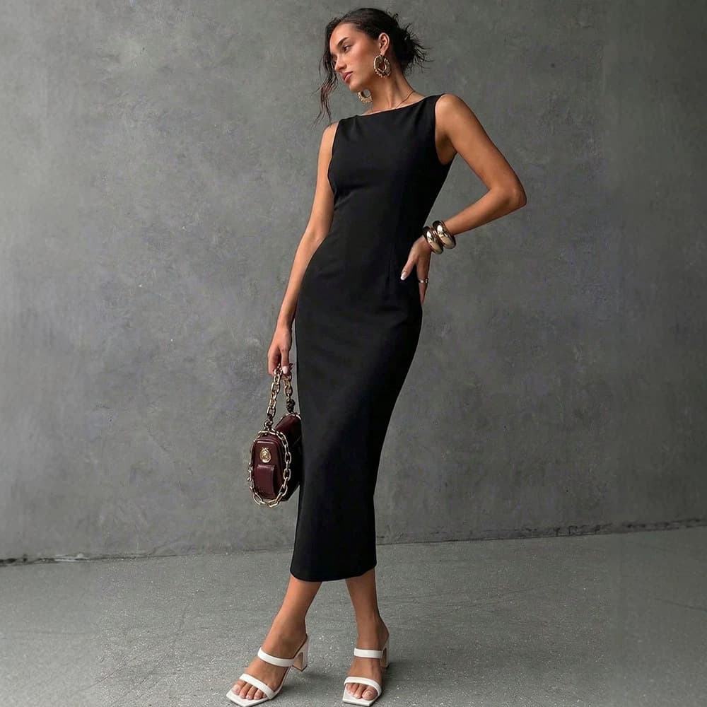 AE254 high-end satin black vest dress, lace large backless waist, slim banquet commuter long dress