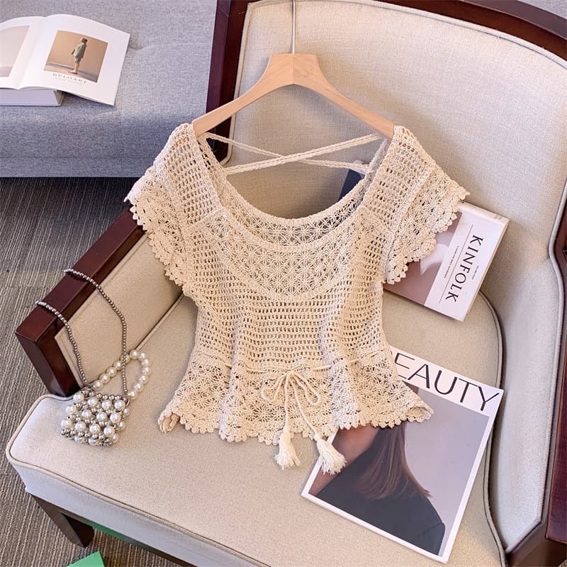 Bohemian Ethnic Style Crochet Hollow Ice Silk Knit T-Shirt for Women Summer Design Sense Unique Outerwear Hot Girl Top