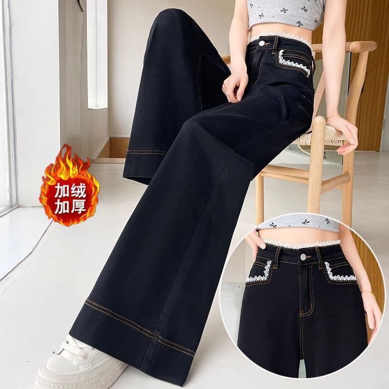 Fleece-Lined Thickened Black Lace-Trim Straight-Leg Jeans for Women, Fall/Winter Trendy Versatile Wide-Leg Style, Petite-Friendly Straight Fit