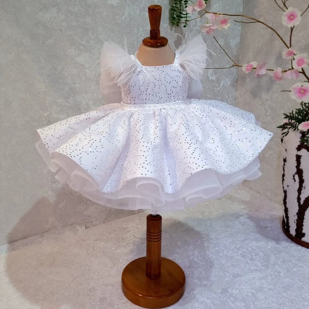 Children's Princess Dress 2026 Summer Sequins Bow Tutu Tulle Skirt Birthday White Feather Sleeve Evening Gown