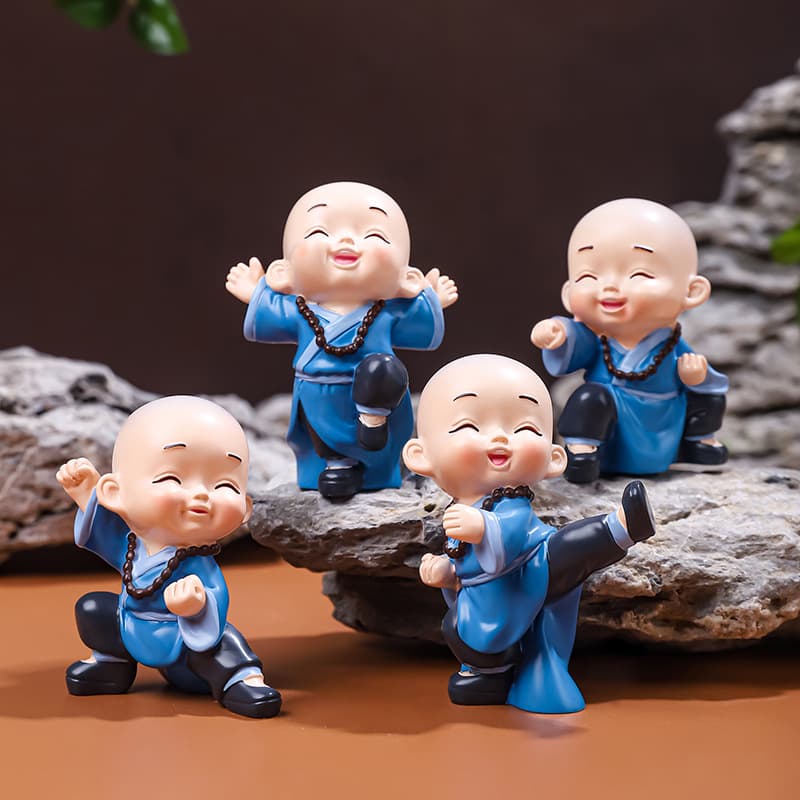Zen Meditation Little Monk Practicing Martial Arts Cute Little Monk Figurine Zen Desktop Decoration Creative Car Ornament Craft