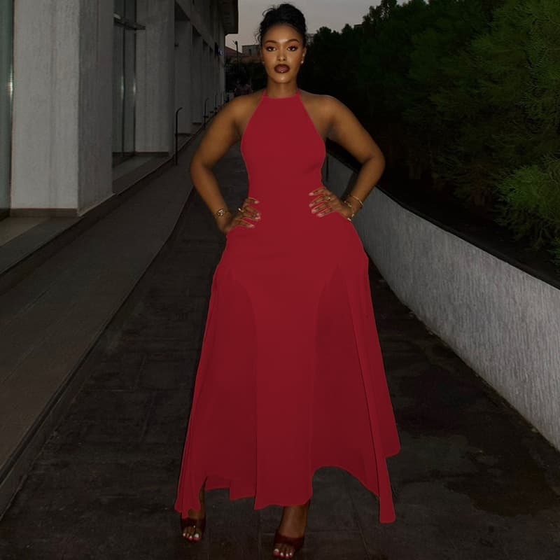 European and American style ins foreign trade solid color women's clothing temperament round neck waist A-line skirt backless tie halter neck long trendy dress