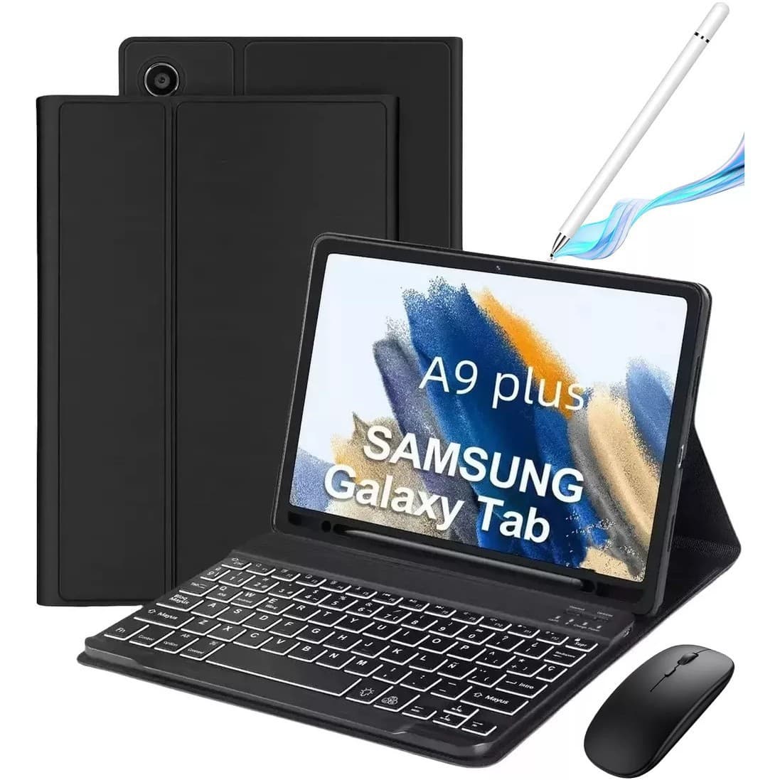 Compatible with Samsung Tab A9 Plus Rainbow Backlit Bluetooth Keyboard X210 Protective Case S10 FE Stylus Slot Leather Case