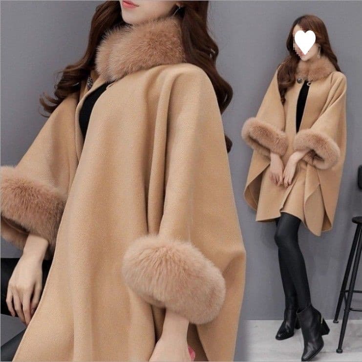 Women's Trendy Coat Autumn Winter Large Rabbit Fur Collar Mid-Length Wool Coat Elegant Cape Shawl Hepburn Style Woolen Large Size