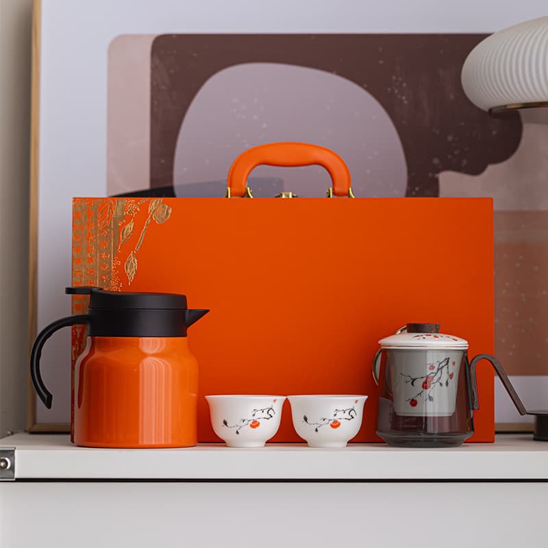 Premium Office Tea Set, Everything Goes Well Set, Orange Insulated Kettle with Gift Box, One Kettle Three Cups Ceramic Set