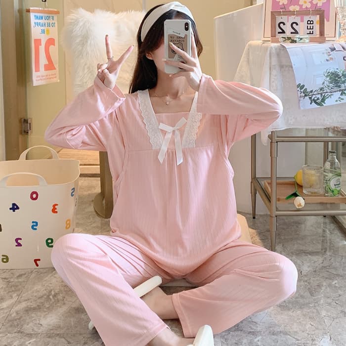 Spring and Autumn Maternity Pajamas V-Neck Lace Nursing Sleepwear Long Sleeve Long Pants Breastfeeding Plus Size Homewear Set